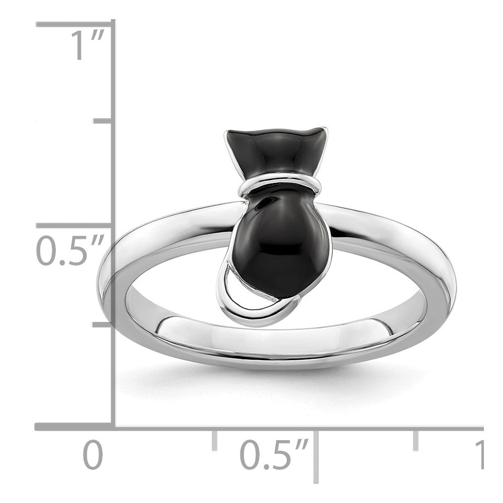 Sterling Silver Stackable Expressions Polished Black Enameled Cat Ring Size -5