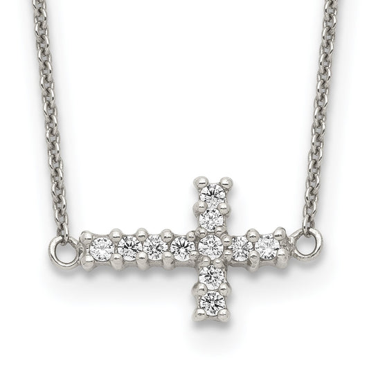 Sterling Silver 18in CZ Sideways Cross Necklace 18 Inches