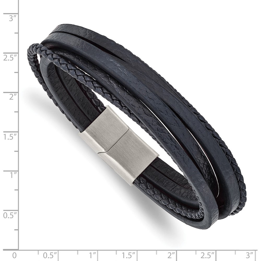 Stainless Steel Brushed Navy Blue Leather Multi Strand 8in Bracelet 8 inches