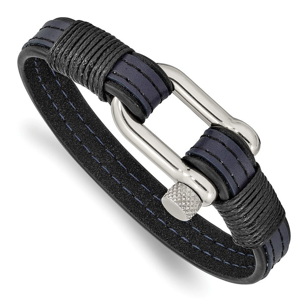 Stainless Steel Polished Black & Blue Leather 8.25in Shackle Bracelet 8.25 inches