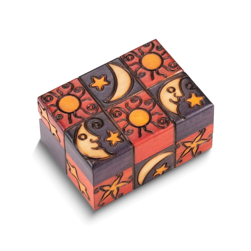 Handcrafted Solid Wood Sun, Moon, and Stars Carved and Painted Keepsake Box