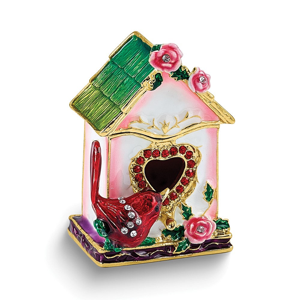 Luxury Giftware by Jere Bejeweled LITTLE BIRDIE LOVE Bird House with Cardinal Trinket Box with Matching 18 inch Necklace