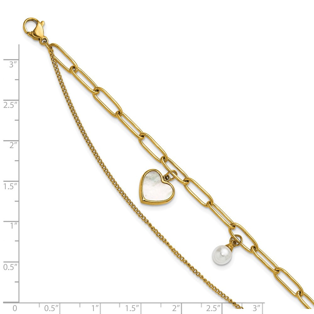 Chisel Stainless Steel Polished Yellow IP-plated Mother of Pearl Heart and Simulated Pearl 6.5 inch Plus a 2 inch Extension Bracelet 8.5 inches