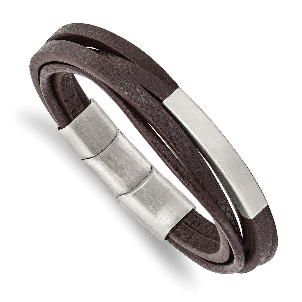 Stainless Steel Brushed Brown PU Leather Multi-Strand w/.5in ext Bracelet 8 inches
