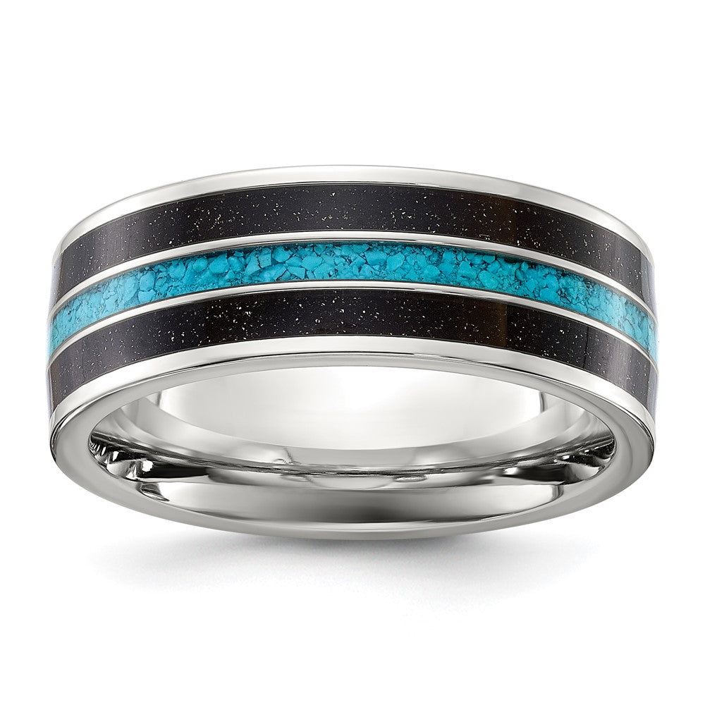 Chisel Stainless Steel Polished with Turquoise and Black Star Sandstone Inlay 8mm Band Size - 12.5