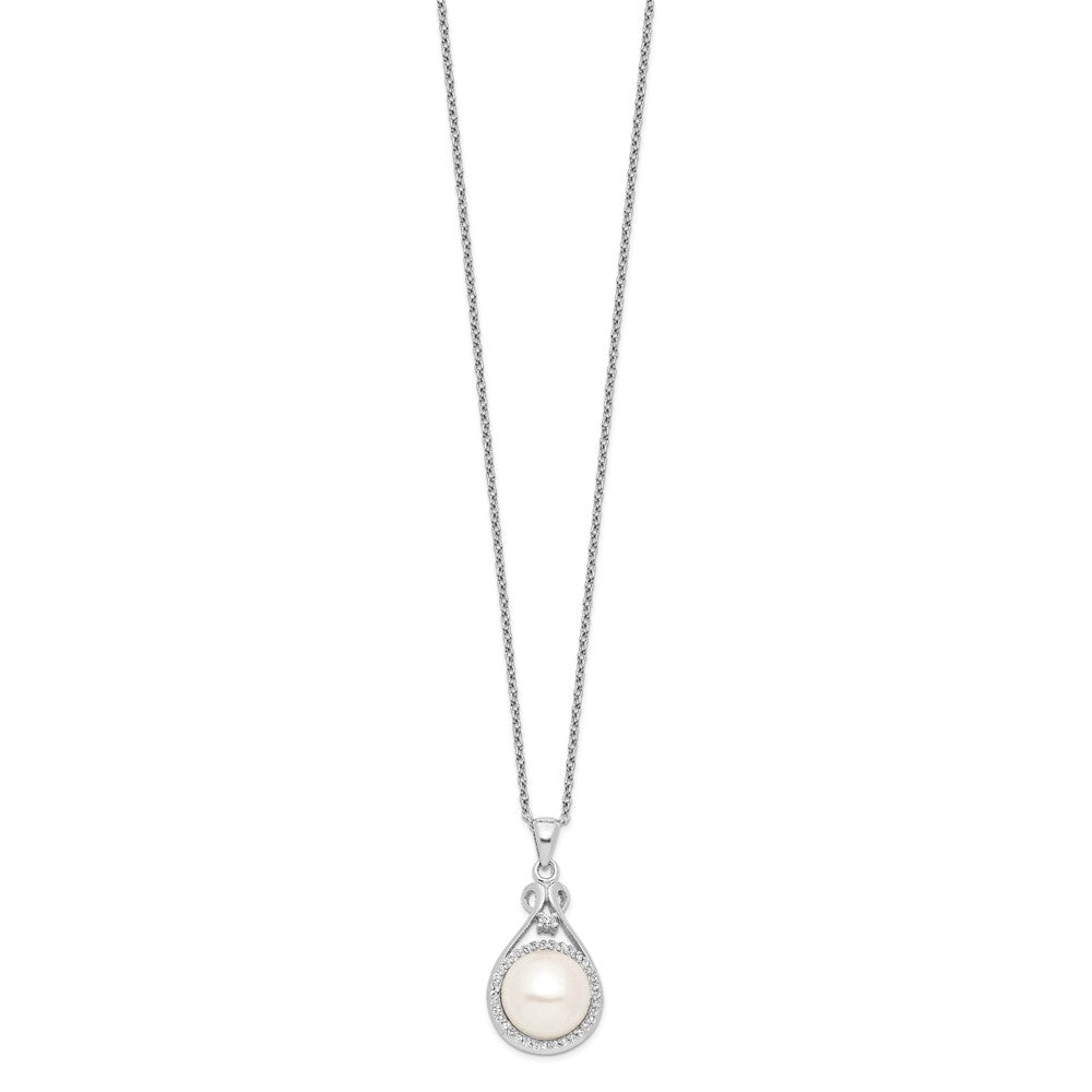 Sterling Silver Rhodium-plated 10-11mm White Button Freshwater Cultured Pearl and CZ 17 inch Necklace 17 Inches
