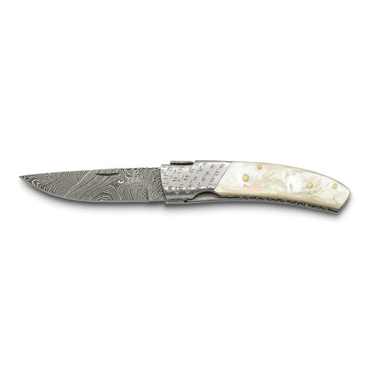 Luxury Giftware Damascus Steel 256 Layer Mother of Pearl Handlel with Steel Guard Folding Knife with Leather Sheath and Wooden Gift Box