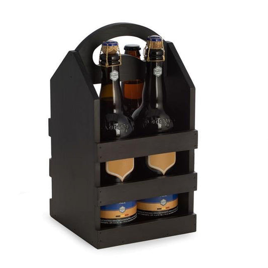 Bey-Berk International  Solid Wood Four Bottle Caddy with Ergonomic Curved Built in Handle, Black