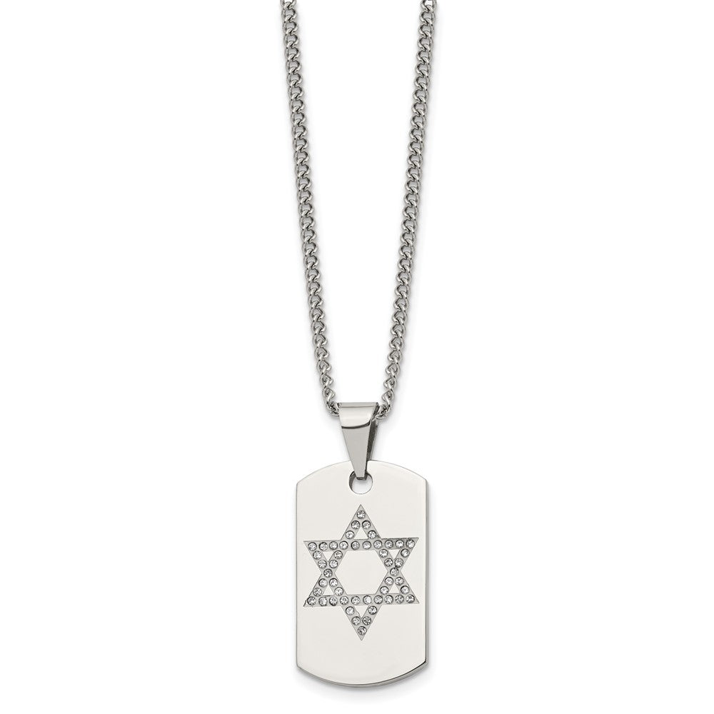 Stainless Steel Polished w/CZ Star of David Dog Tag 22in Necklace