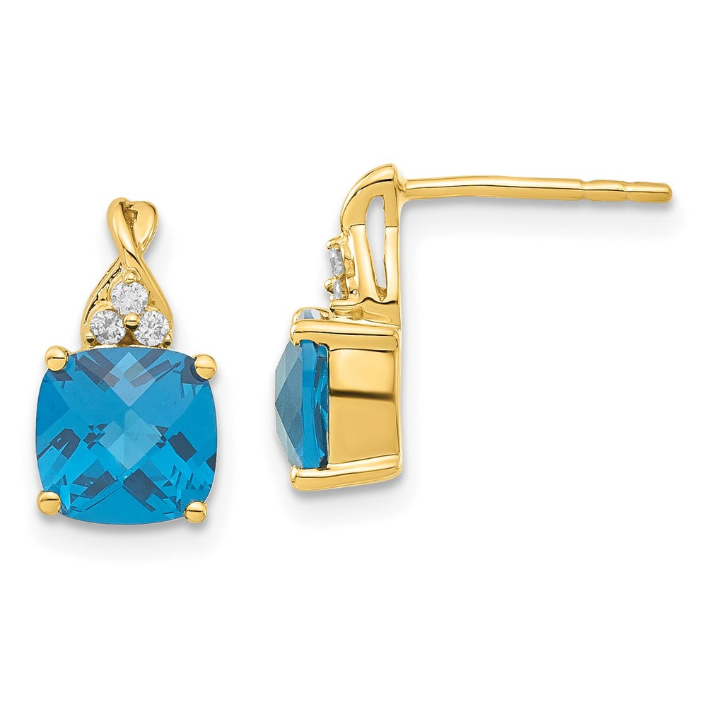 14K Yellow Gold Synthetic Checkerboard Blue Topaz & Diamond Earrings