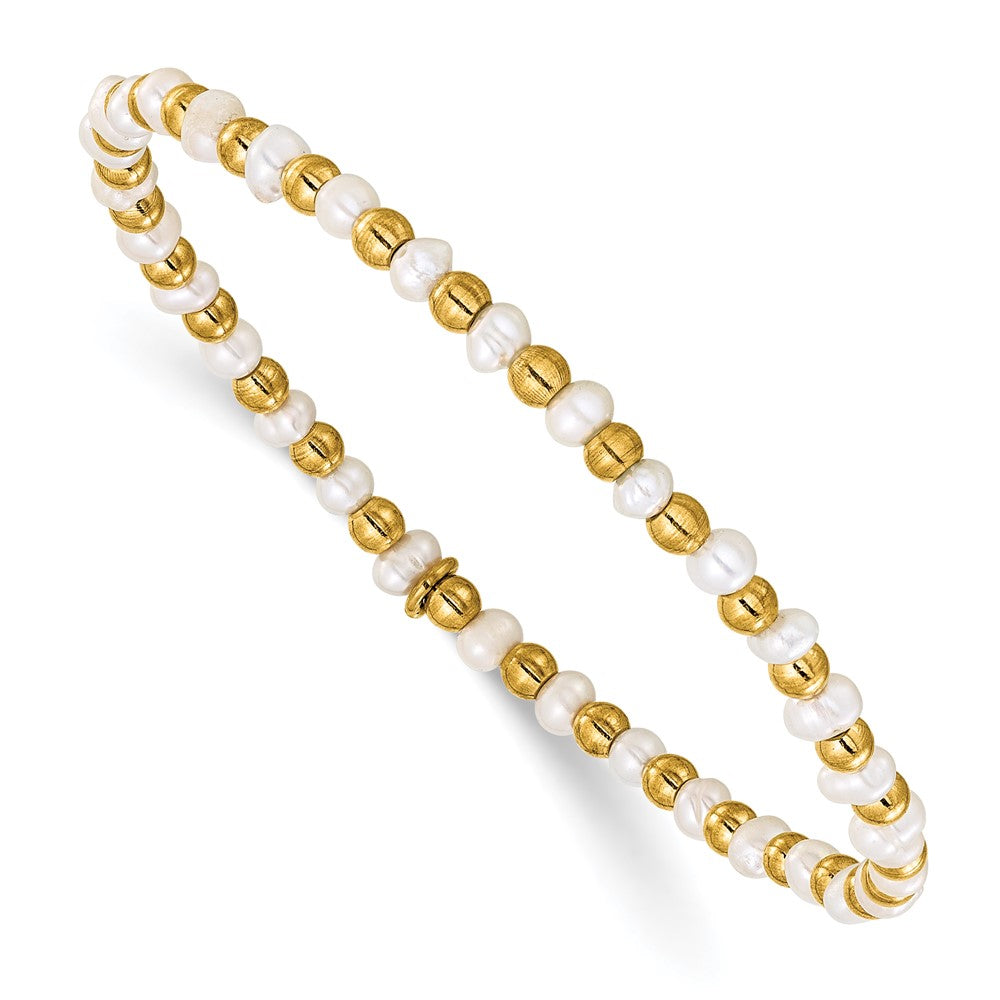 Chisel Stainless Steel Polished Yellow IP-plated 3mm White Freshwater Cultured Pearl Beaded 6.5 inch Stretch Bracelet 6.5 inches