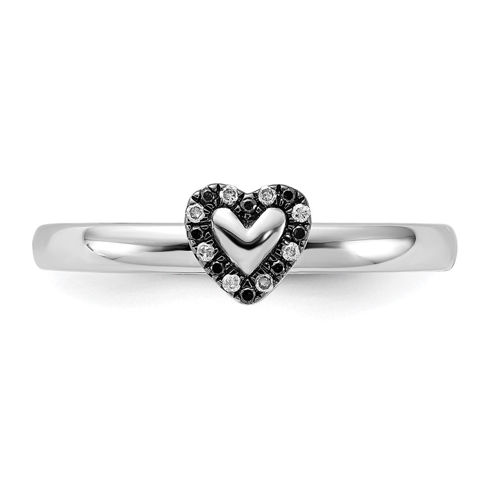 Sterling Silver Rhodium Plated Black & White Diamond Stackable Heart Ring