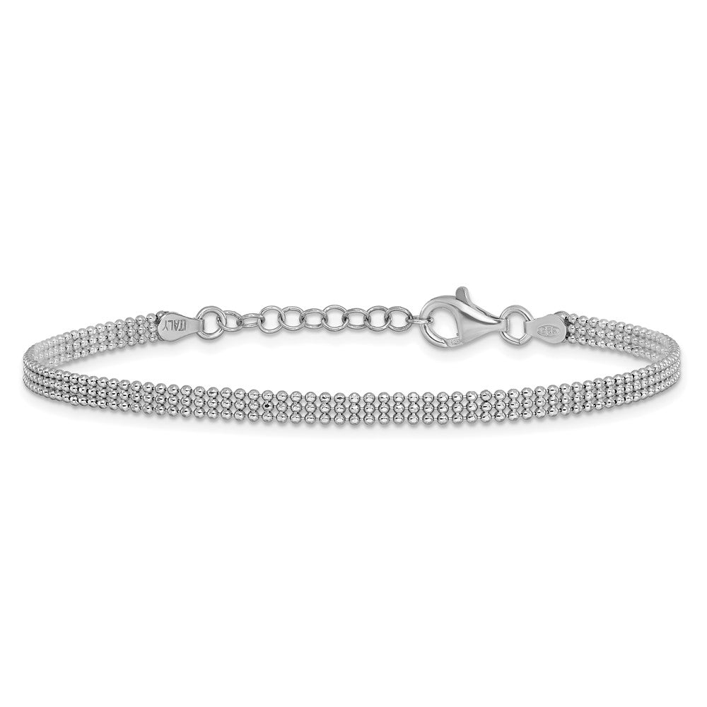 Sterling Silver RH-plt Polished Beaded w/1in ext. Bracelet