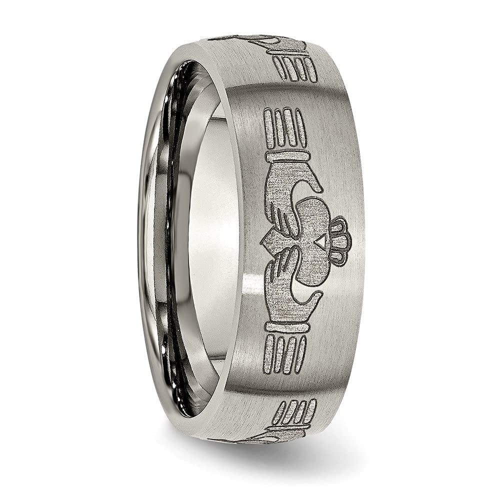 Titanium Brushed Claddagh Laser Design 8mm Band Size - 7.5