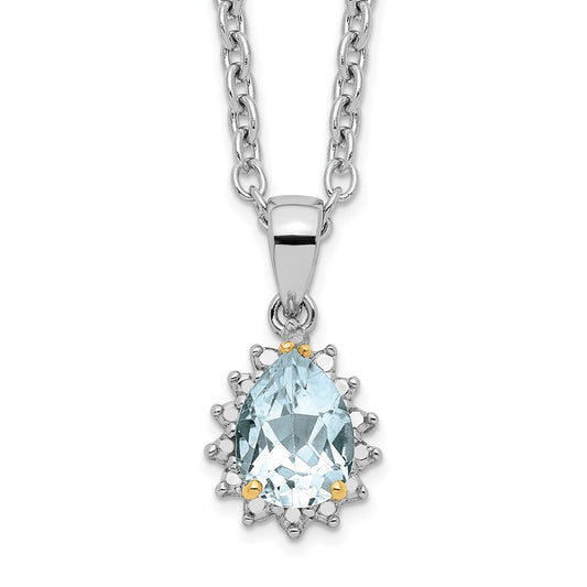 Brilliant Gemstones Sterling Silver with 14K Accent Rhodium-plated Sky Blue Topaz and Diamond 18 Inch Necklace with 2 Inch Extender 18 Inches