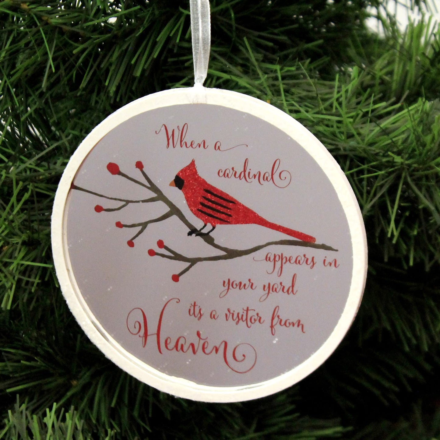 Cardinal Visitor From Heaven Glitter 4.5 Inch Glass Memorial Disk Christmas Ornament