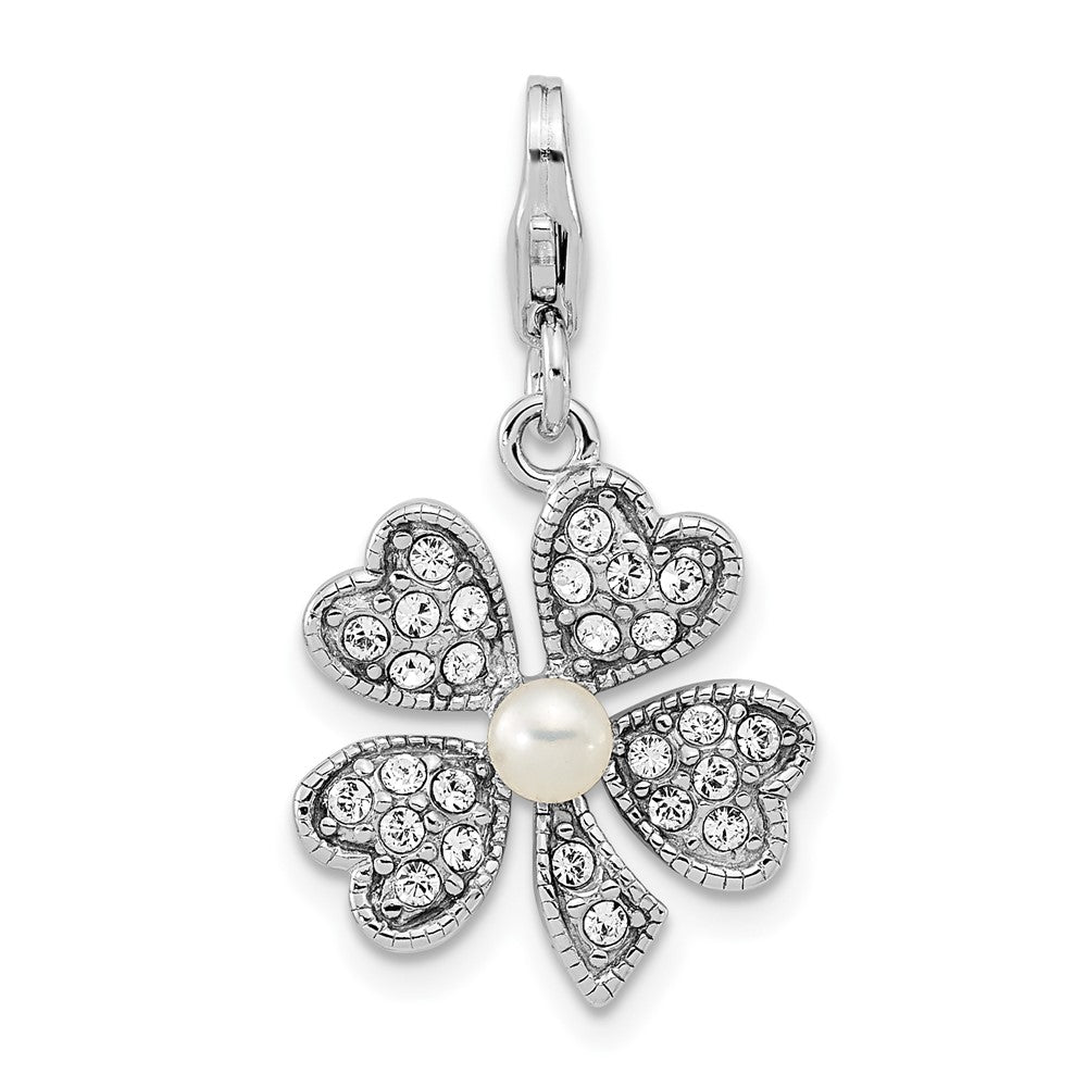 Amore La Vita Sterling Silver Rhodium-plated Polished Freshwater Cultured Pearl and Crystal Clover Charm with Fancy Lobster Clasp