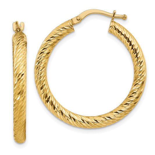 10k 3x20 Diamond-cut Round Hoop Earrings