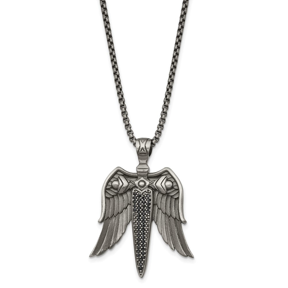 Stainless Steel Antiqued White Bronze-plated CZ Sword Necklace