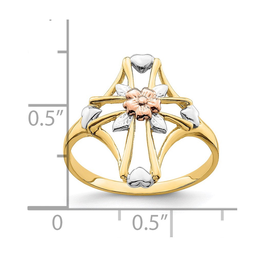 14K Two-tone W/White Rhodium Polished Cross w/Flower Ring Size 7