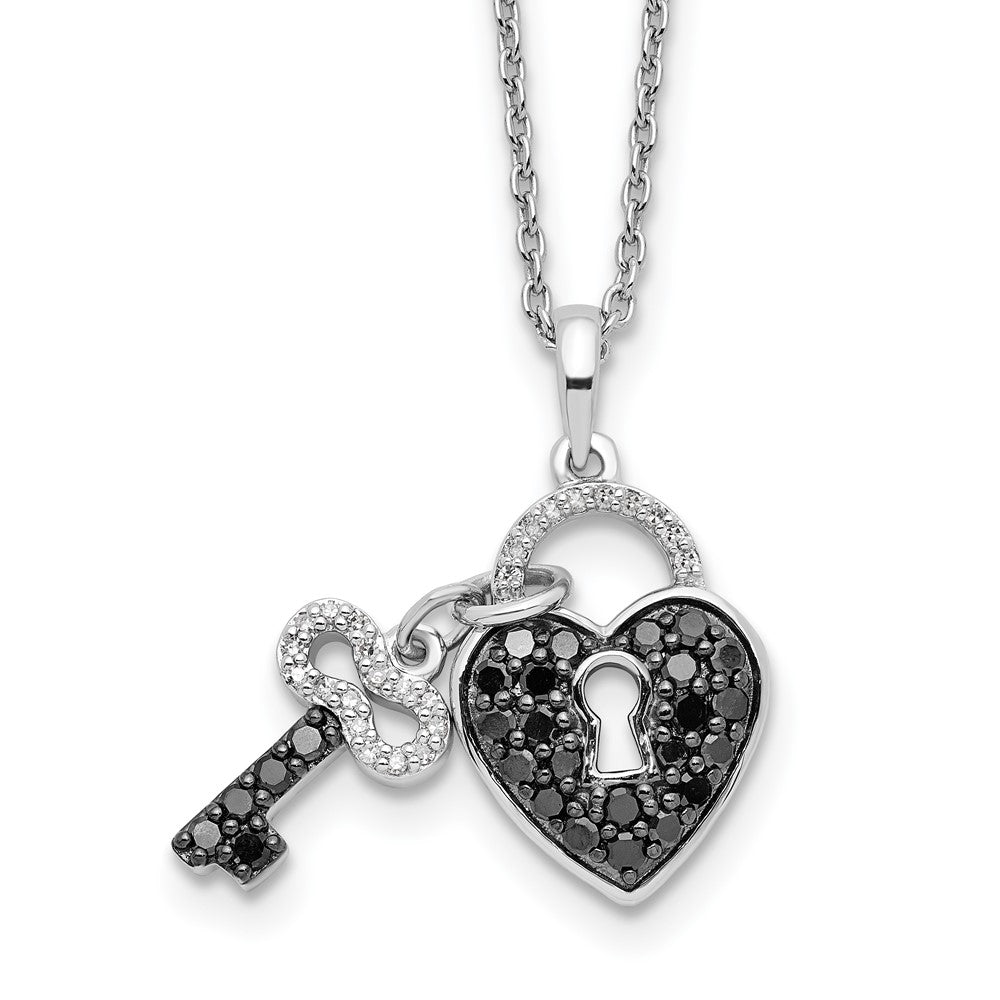 White Night Sterling Silver Rhodium-plated Black and White Diamond Heart and Key 18 Inch Necklace with 2 Inch Extender 18 Inches