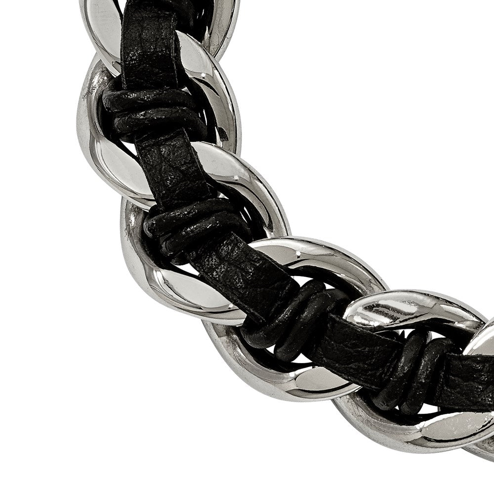 Stainless Steel Antiqued & Polished Dragon Head Black Leather Bracelet 8.5 inches