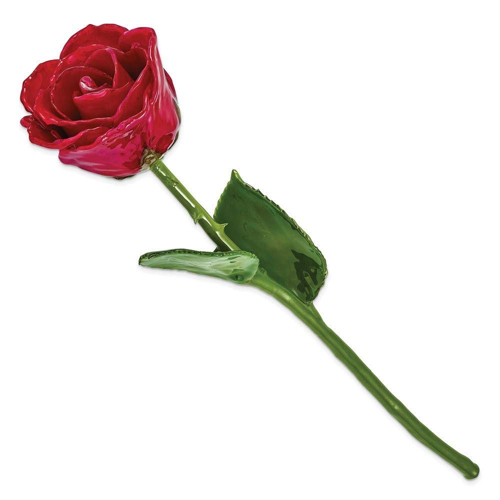 Lacquer Dipped Natural Red Rose w/Green Leaves & Stem