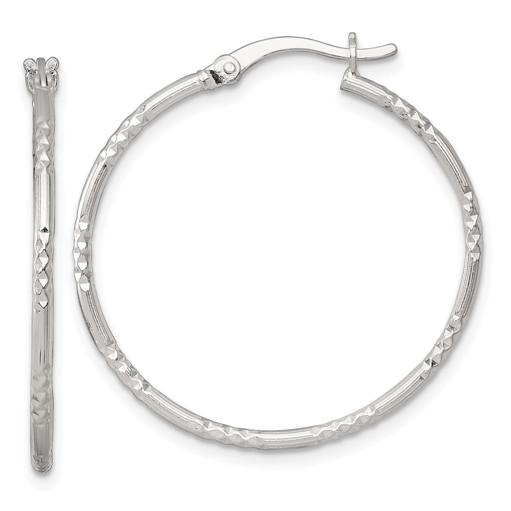 Sterling Silver Polished Diamond-cut Textured 30x1.5mm Round Hoop Earrings