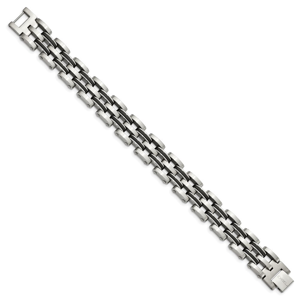 Stainless Steel 9in Brushed and Polished with Black Rubber Bracelet 9.25 inches