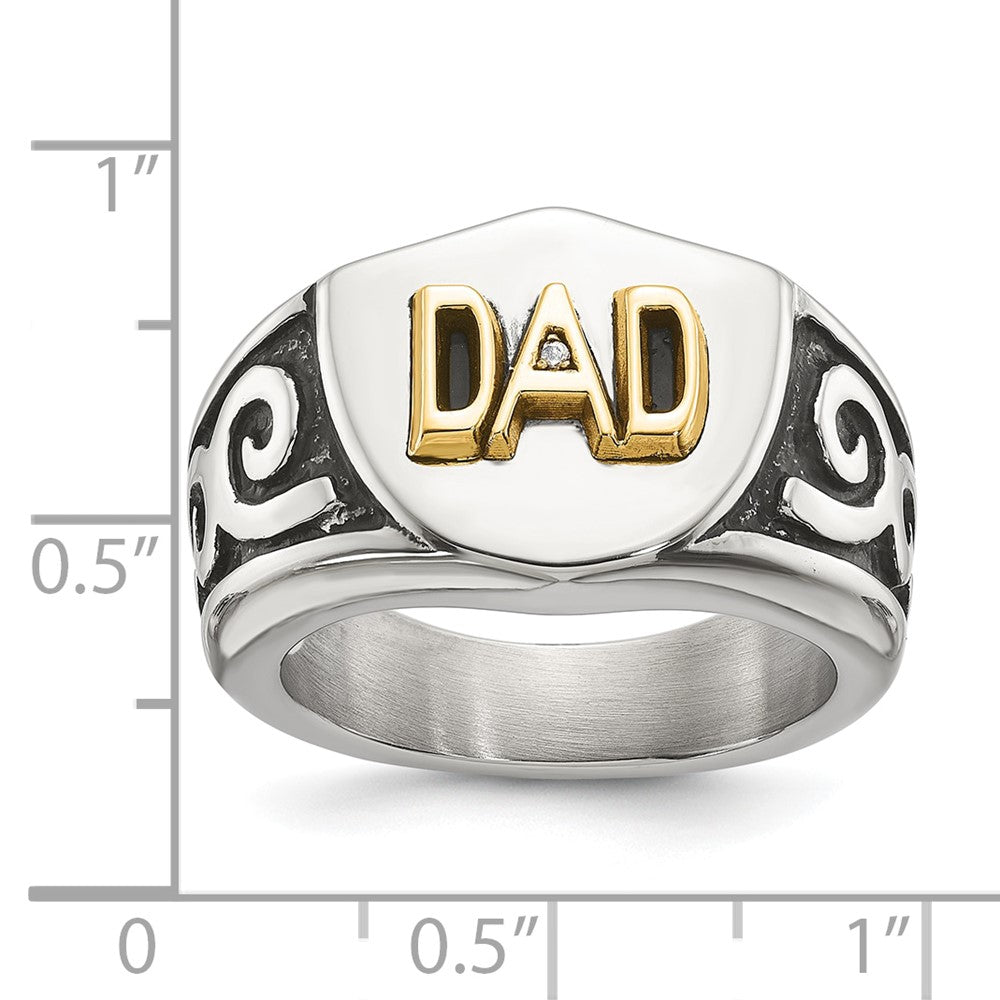 Chisel Stainless Steel Polished with 14K Gold Accent and .01ct Diamond DAD with Black Enamel Shield Ring Size - 10