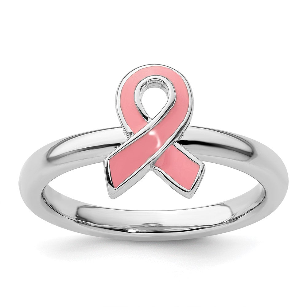 Sterling Silver Stackable Expressions Pink Enameled Awareness Ribbon Ring Size -9