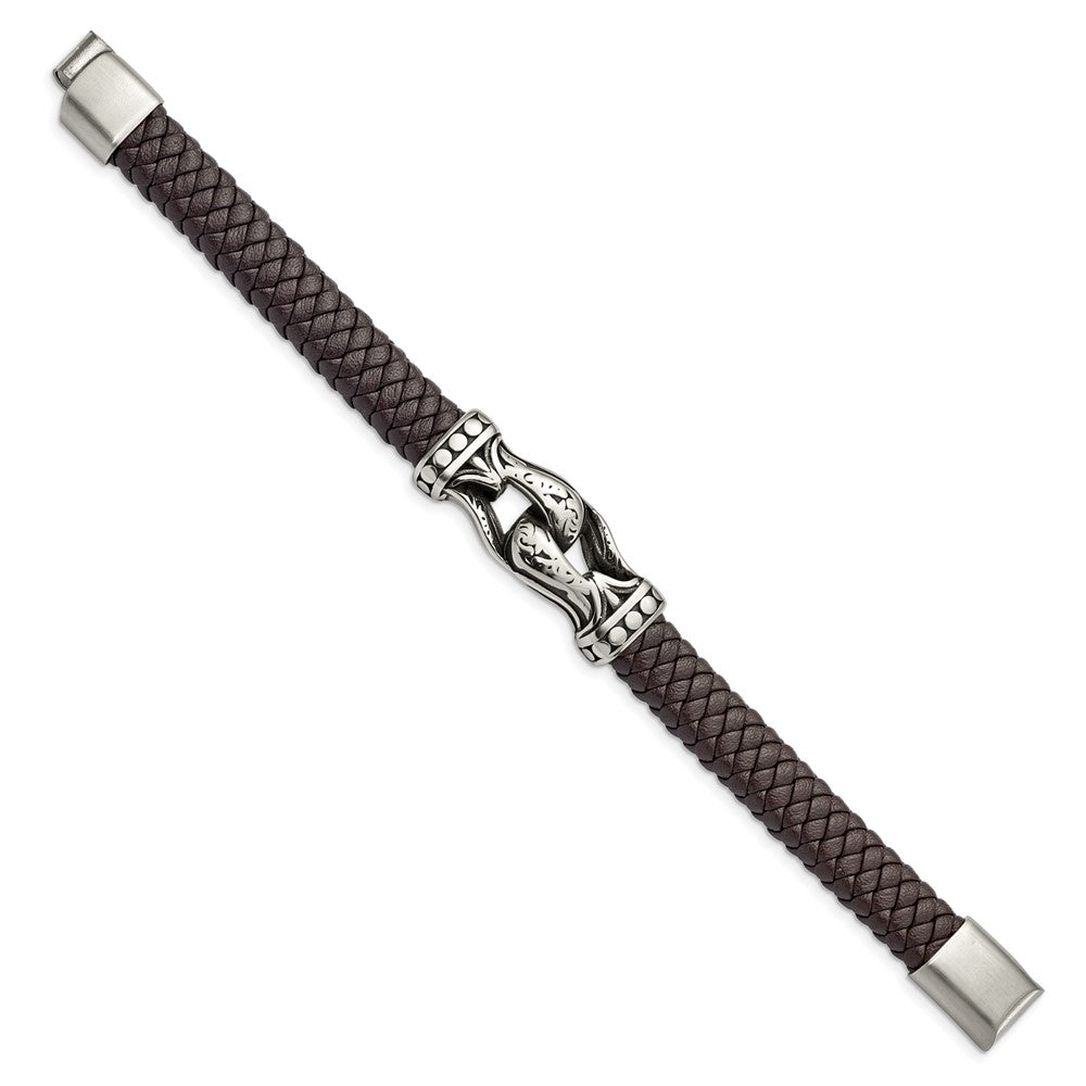 Stainless Steel Antiqued & Polished Dark Brown Faux Leather 8.5in Bracelet 8.5 inches