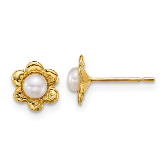 14K Madi K Polished 3-4mm Button White Freshwater Cultured Pearl Flower Post Earrings