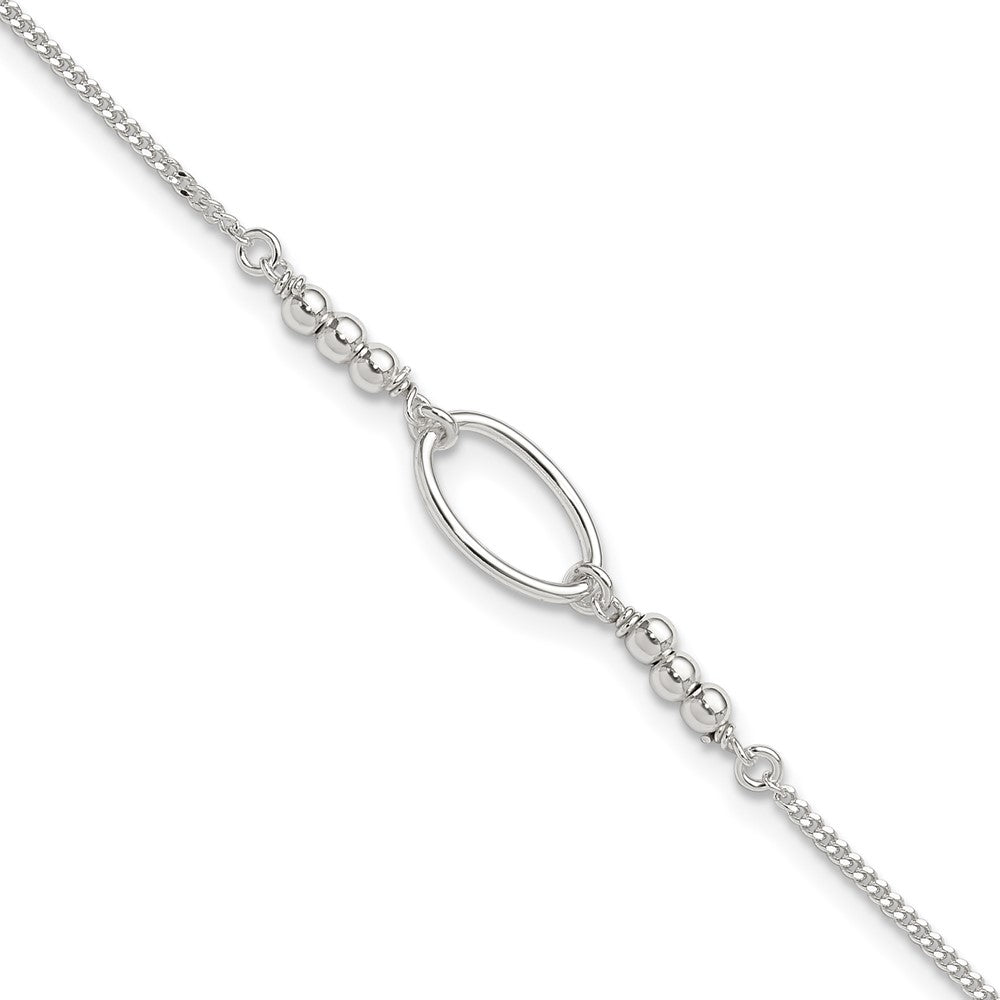 Sterling Silver Oval and Beaded 9in Plus 1in ext. Anklet 9 inches