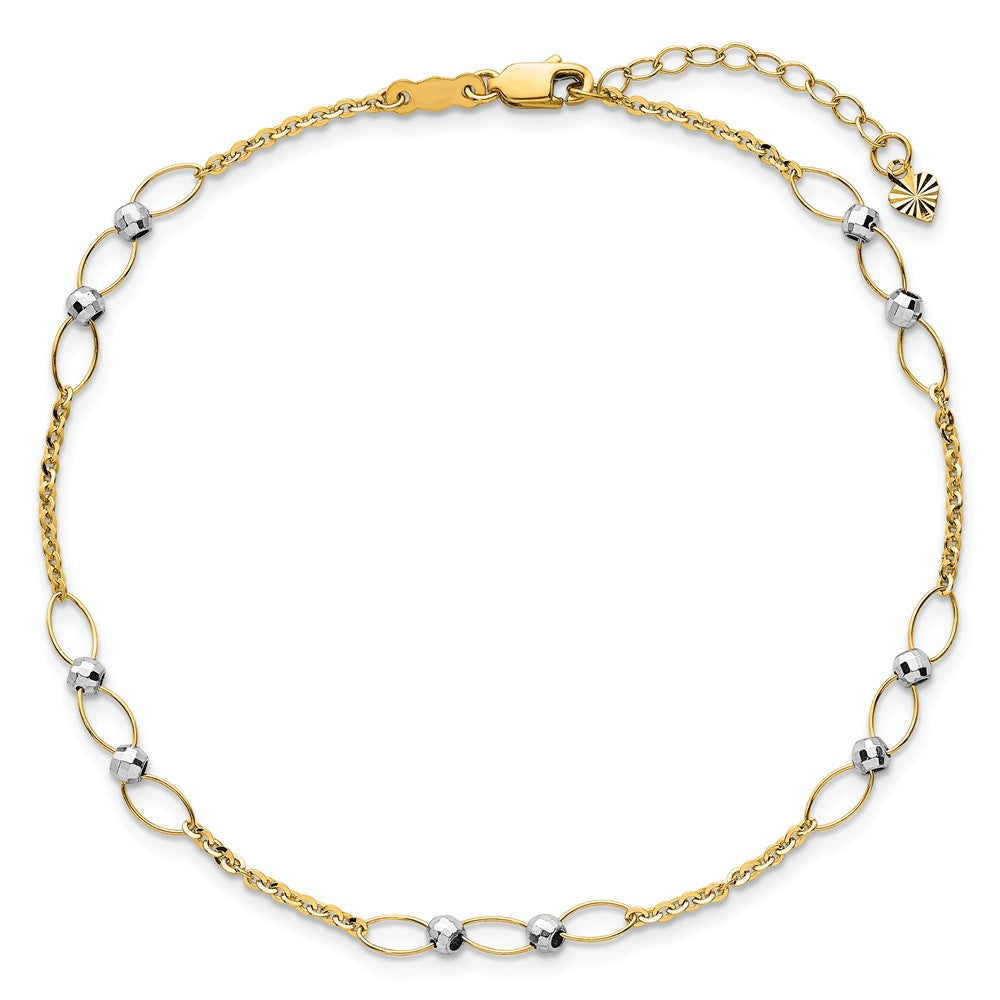 14k Two-tone Polished Oval Links and Faceted Beads 9 inch Plus 1 inch Extension Anklet
