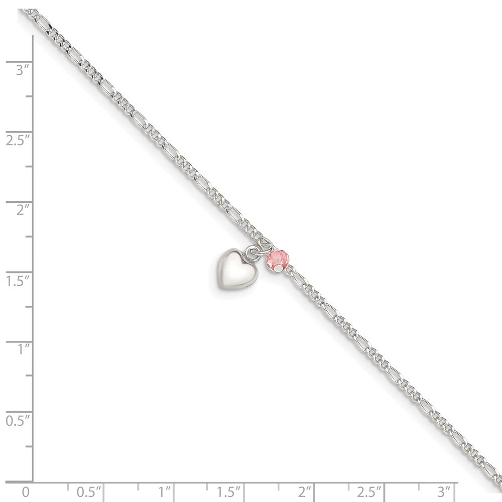 Sterling Silver Cherry Quartz Dangling Hearts on Figaro Link Anklet 9 inches