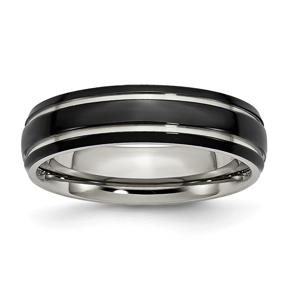 Stainless Steel Polished Black IP-plated 6mm Grooved Band Size - 6