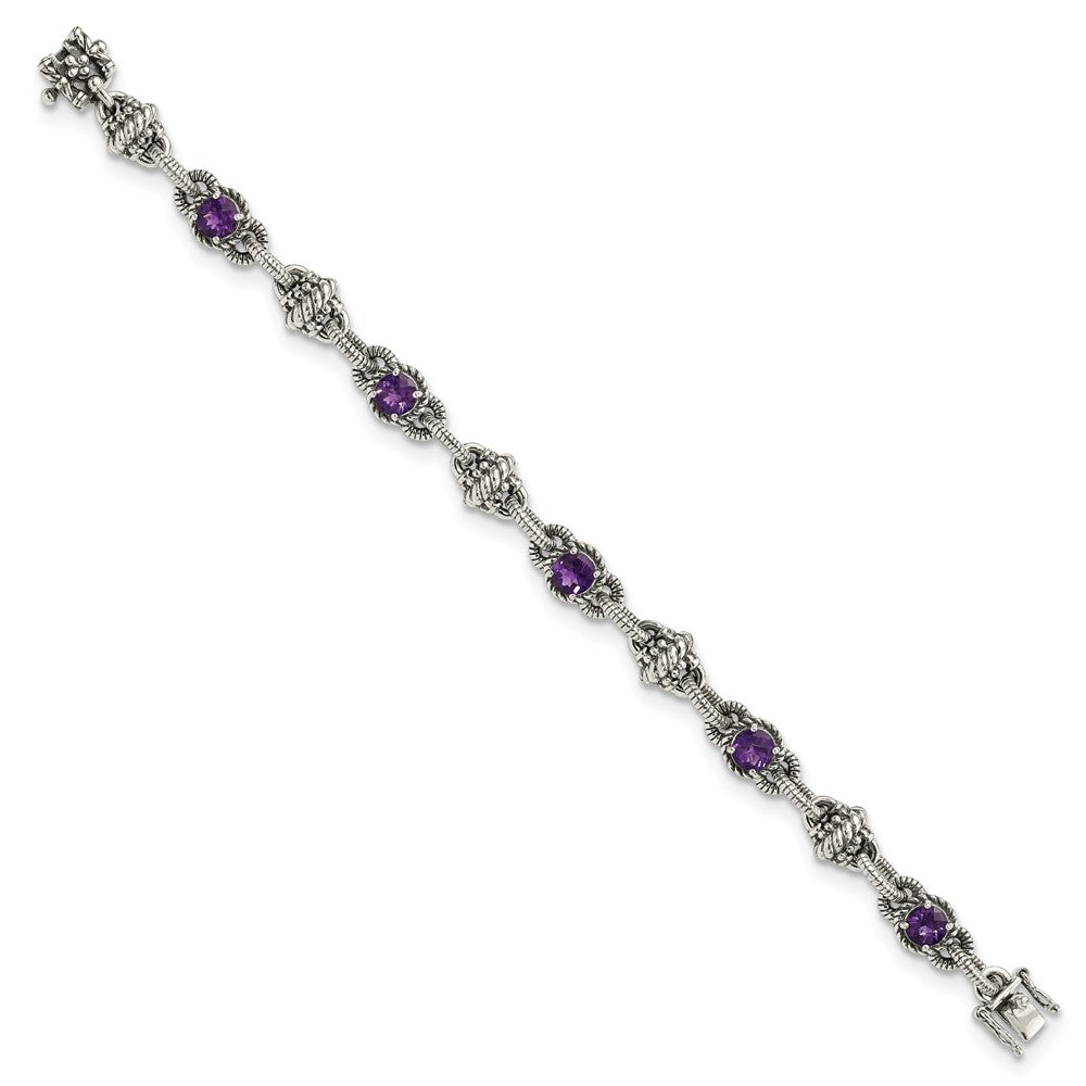 Shey Couture Sterling Silver Antiqued 7.75 Inch Round Amethyst Bracelet 7.75 inches