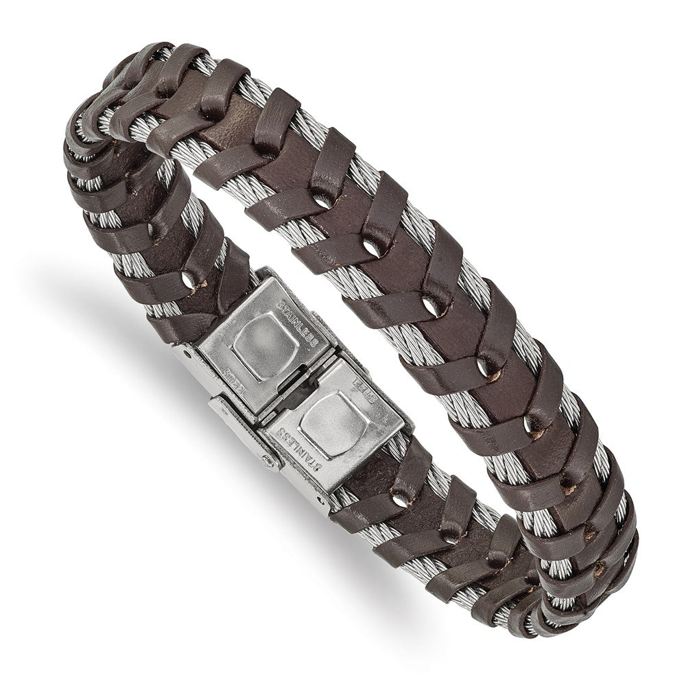 Stainless Steel Polished Cable and Brown Leather 8.25in Bracelet 8.25 inches