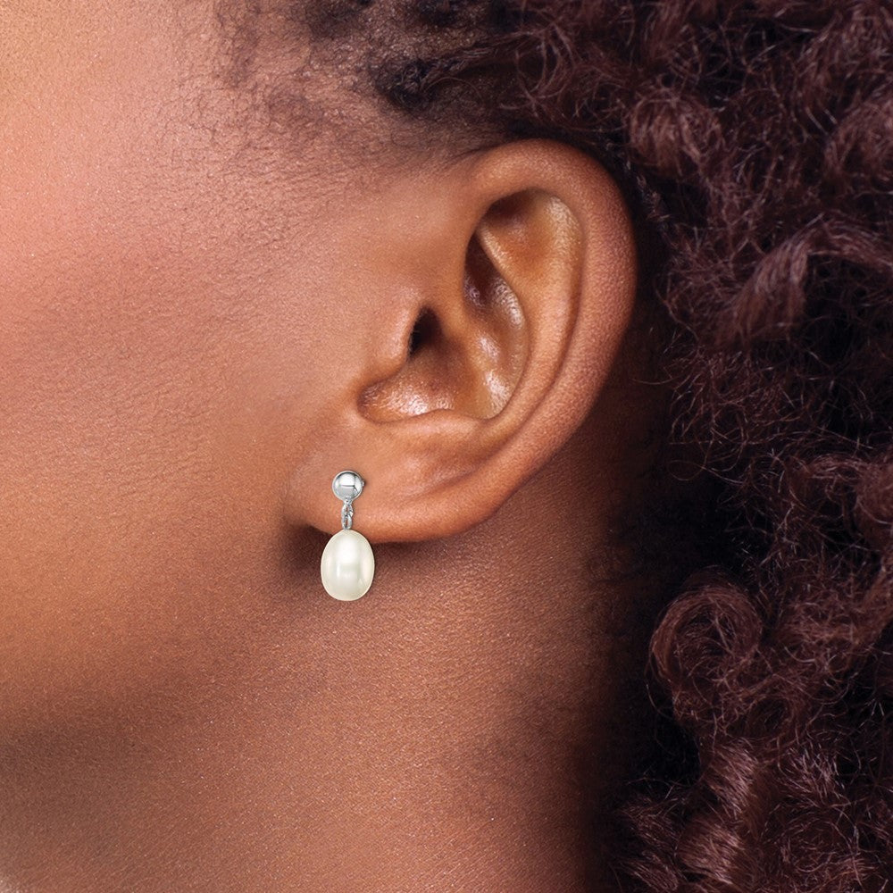 Sterling Silver Rhodium-plated 7-8mm White Rice Freshwater Cultured Pearl Post Dangle Earrings