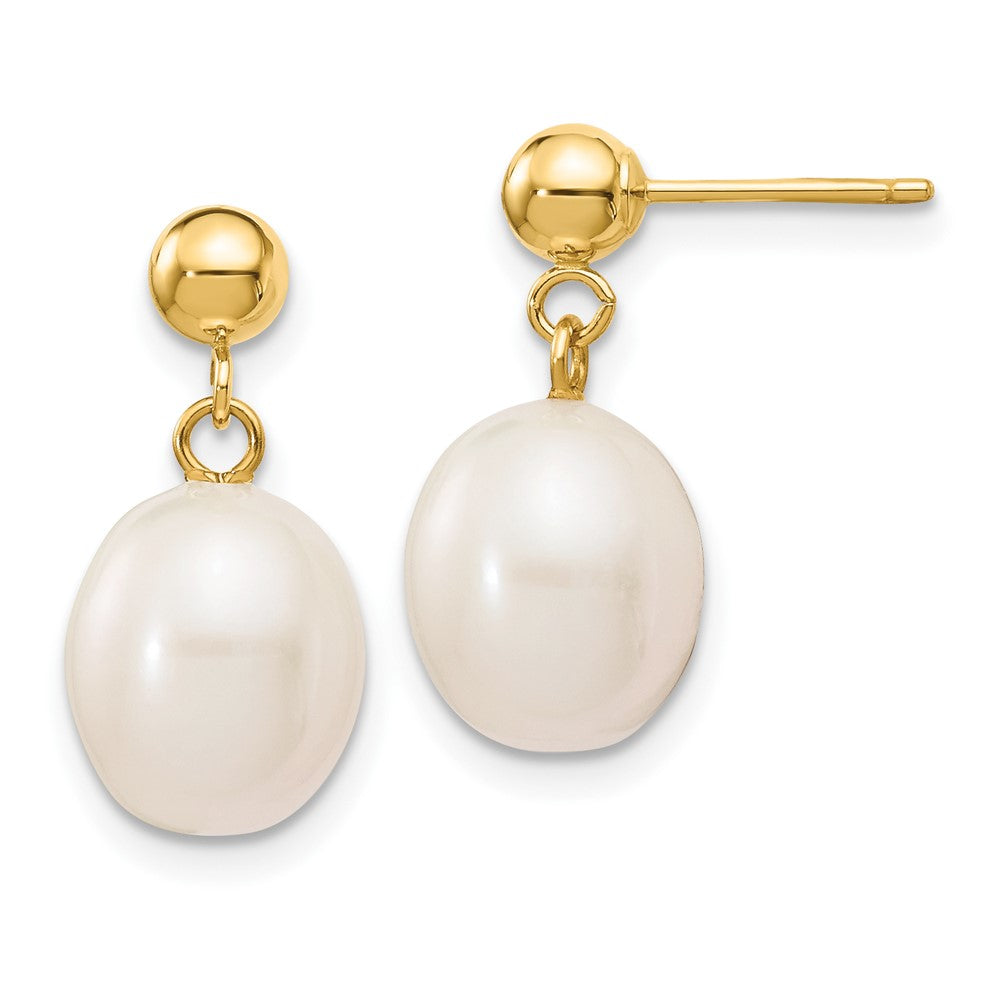 10k 8-9mm White Rice Freshwater Cultured Pearl Dangle Post Earrings