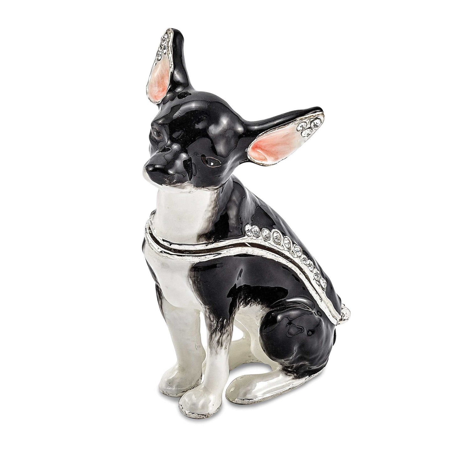 Luxury Giftware Pewter Bejeweled Crystals Silver-tone Enameled LEO Black & White Chihuahua Trinket Box with Matching 18 Inch Necklace Q-BJ4067