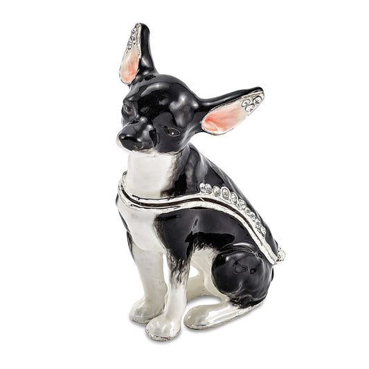 Luxury Giftware Pewter Bejeweled Crystals Silver-tone Enameled LEO Black & White Chihuahua Trinket Box with Matching 18 Inch Necklace Q-BJ4067