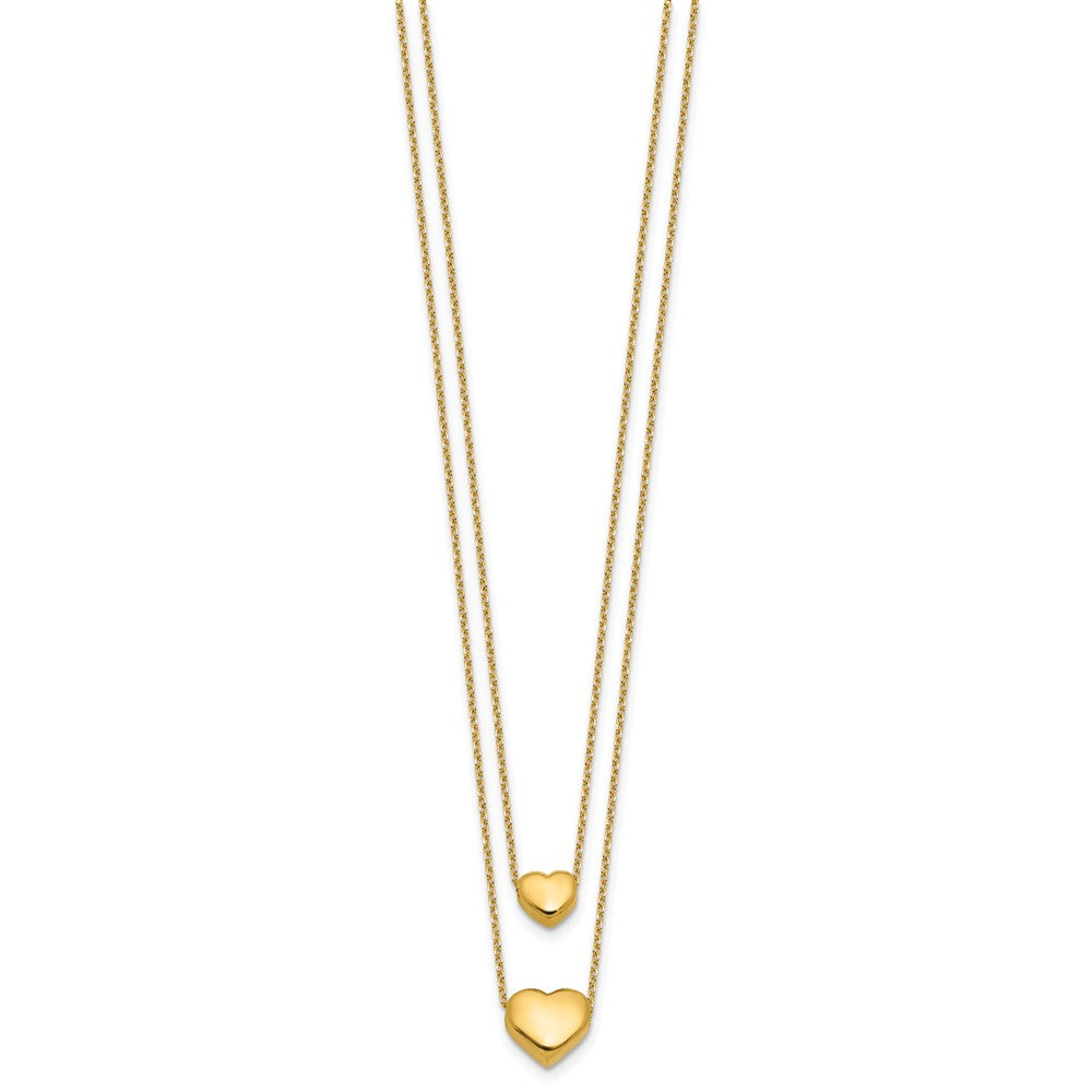 14K Polished Two-Strand Hearts with 1 Inch Ext. Necklace