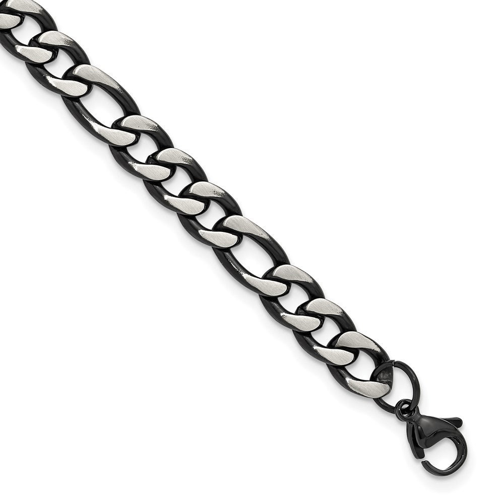 Chisel Stainless Steel Brushed and Polished Black IP-plated 7.5mm 9 inch Figaro Chain Bracelet 9 inches