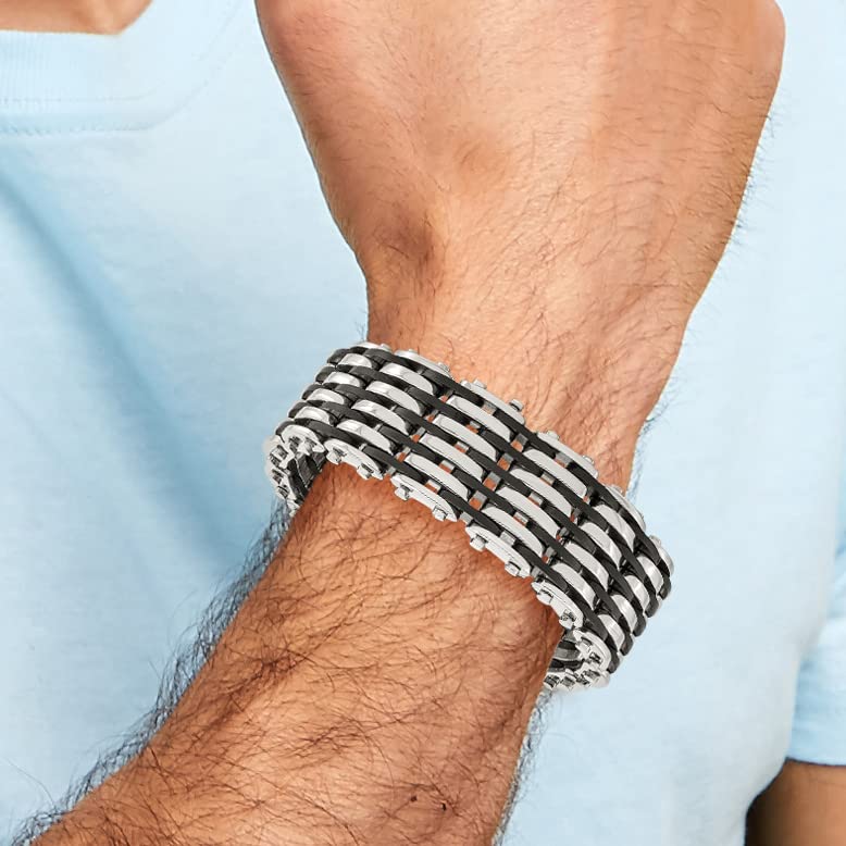 Stainless Steel Polished with Black Rubber 8.5in Bracelet 8.75 inches