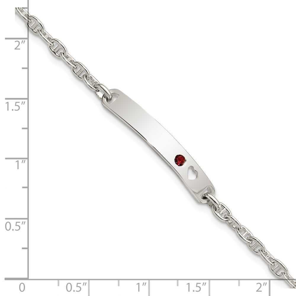 Sterling Silver Polished ID with Red CZ Heart Bracelet 7.5 inches