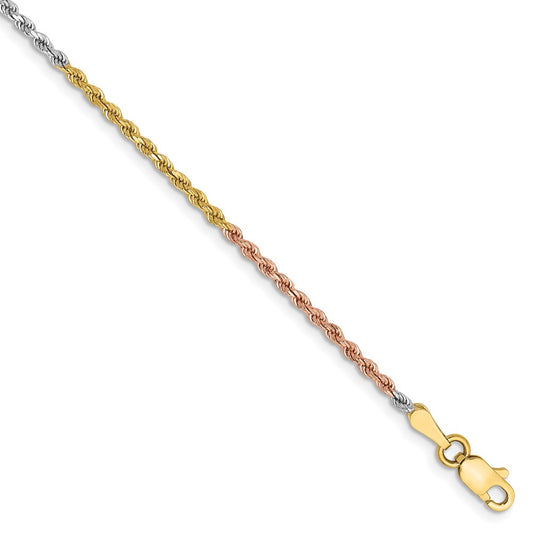 14K Tri-colored 7 inch 1.75mm Diamond-cut Rope with Lobster Clasp Chain 7  inches