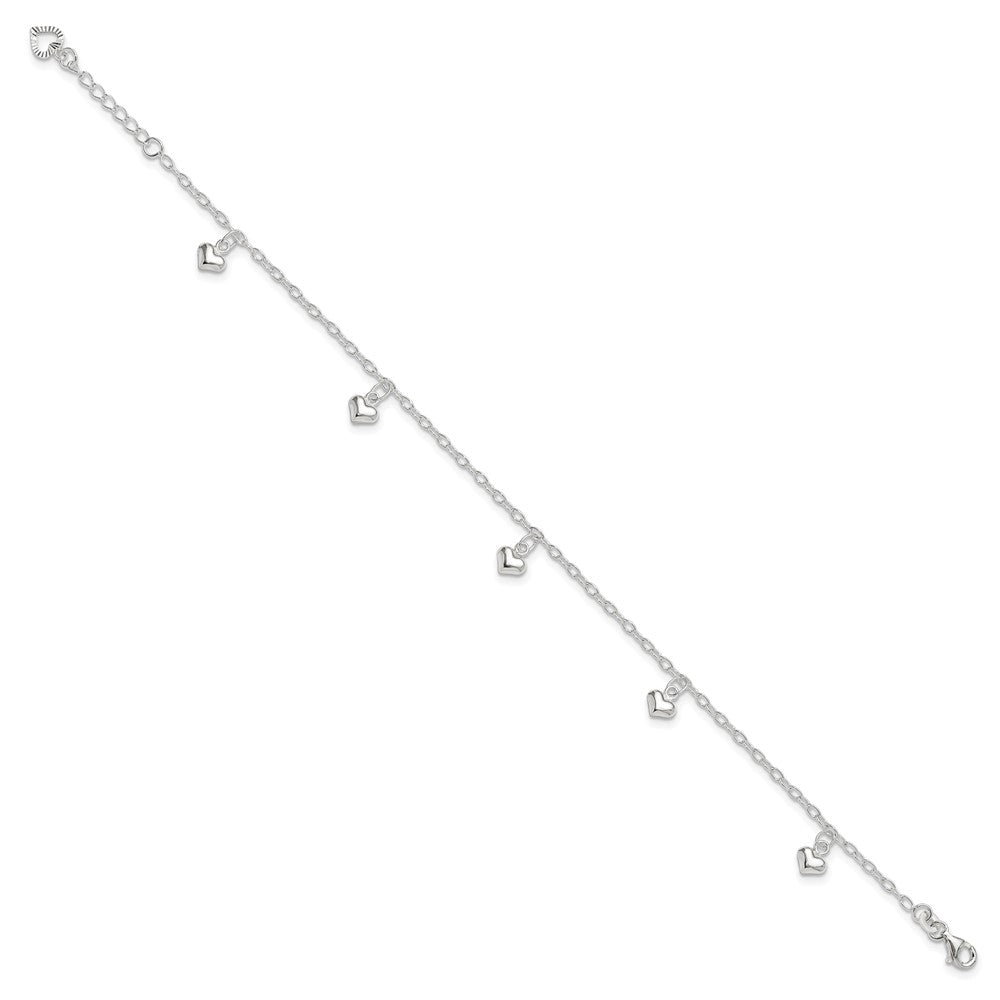 Sterling Silver Polished Puffed Heart 9in Plus1in Ext Anklet 9 inches