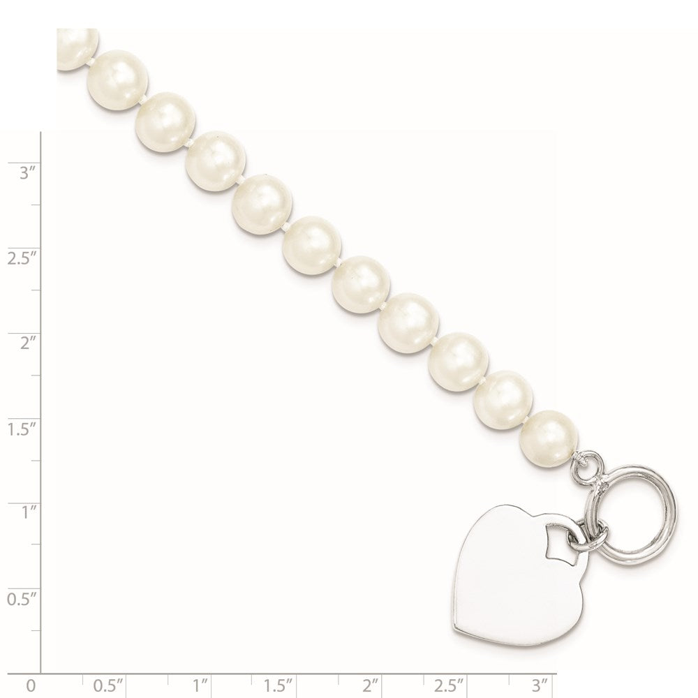 Sterling Silver Rhodium-plated 8-9mm White Near-Round Freshwater Cultured Pearl Heart Toggle 7.5 inch Bracelet 7.5 inches